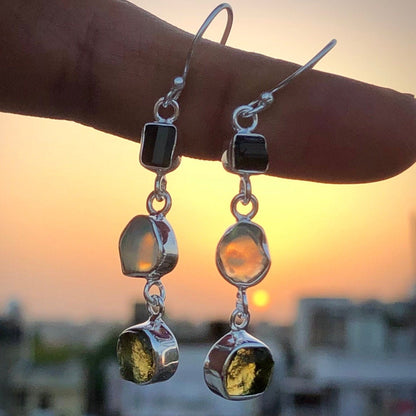 925 Sterling Silver Moldavite, Black Tourmaline and Opal Gemstone Dangle Earrings