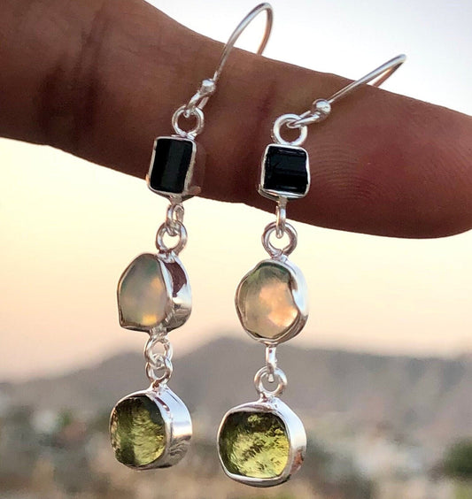 925 Sterling Silver Moldavite, Black Tourmaline and Opal Gemstone Dangle Earrings