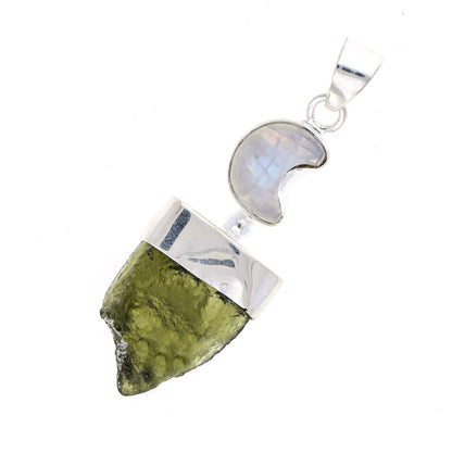 925 Sterling Silver Authentic Moldavite and Moonstone Pendant Moon Design Pendant