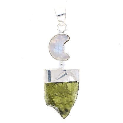 925 Sterling Silver Authentic Moldavite and Moonstone Pendant Moon Design Pendant