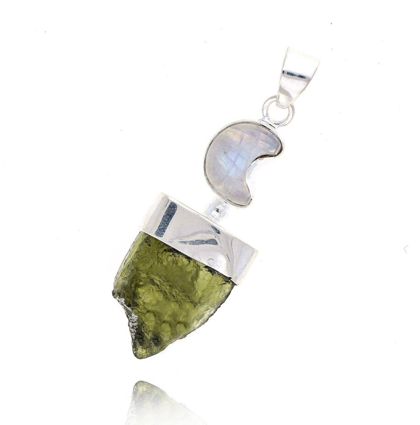 925 Sterling Silver Authentic Moldavite and Moonstone Pendant Moon Design Pendant