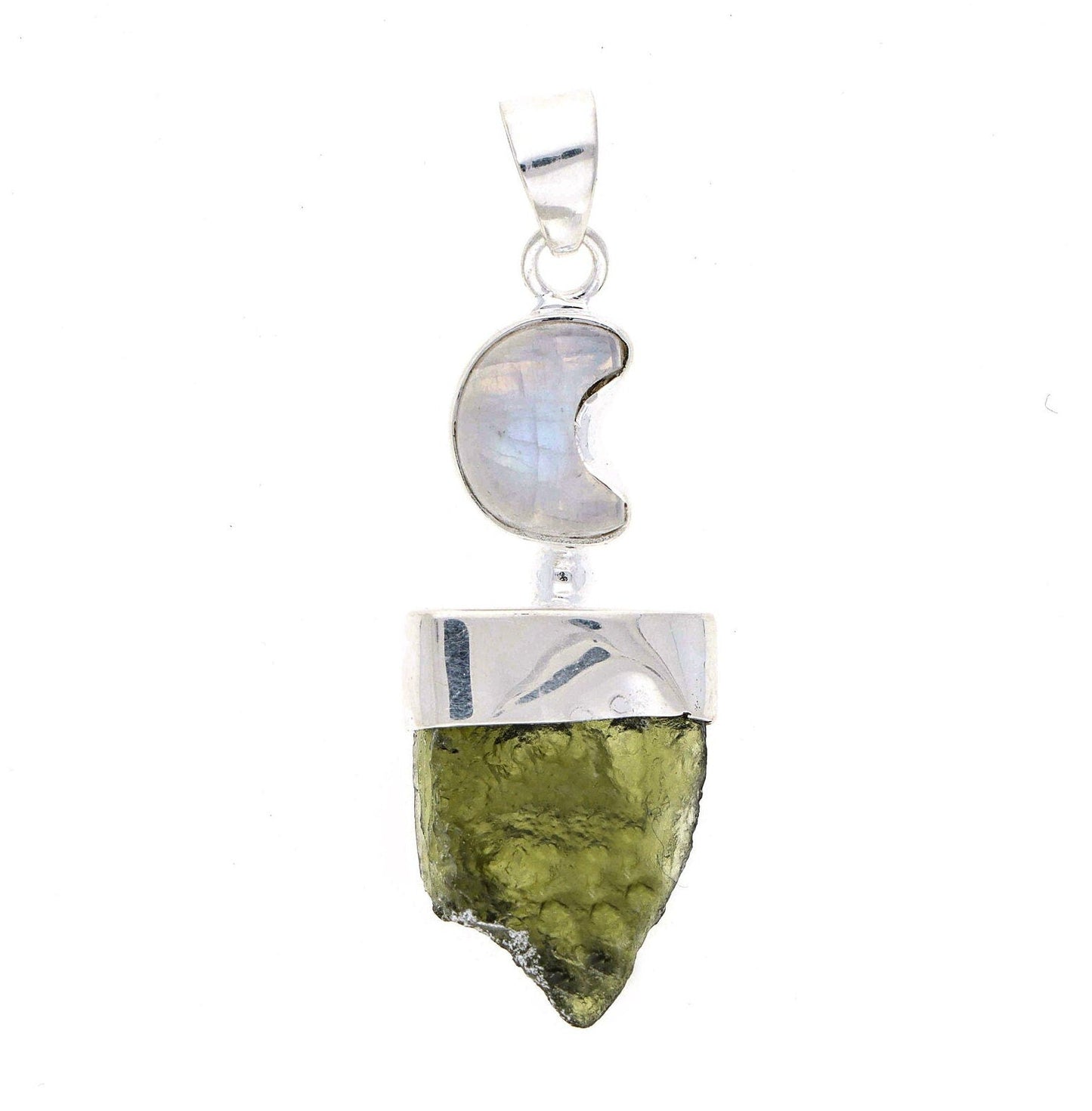 925 Sterling Silver Authentic Moldavite and Moonstone Pendant Moon Design Pendant