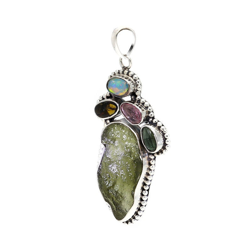 925 Sterling Silver Multi Gemstone Pendant Authentic Moldavite Women's Pendant Gift For Her