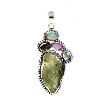 925 Sterling Silver Multi Gemstone Pendant Authentic Moldavite Women's Pendant Gift For Her