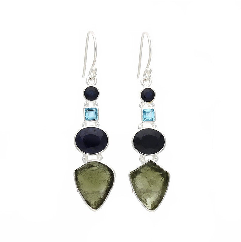 925 Sterling Silver Moldavite Gemstone Earrings Blue Sapphire and Blue Topaz Earrings Gift For Loved Ones