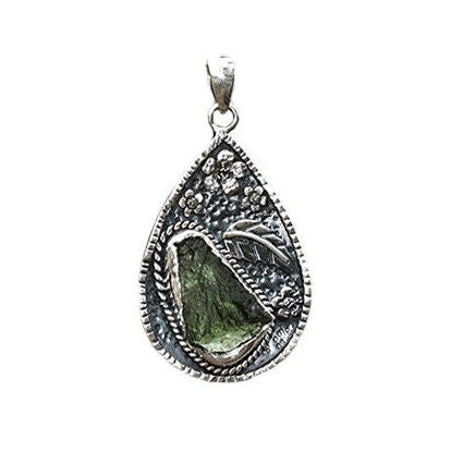 Authentic Czech Republic Moldavite Gemstone 925 Sterling Silver Leaf and Flower Design Pendant