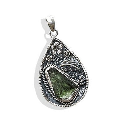 Authentic Czech Republic Moldavite Gemstone 925 Sterling Silver Leaf and Flower Design Pendant