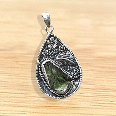 Authentic Czech Republic Moldavite Gemstone 925 Sterling Silver Leaf and Flower Design Pendant