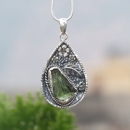 Authentic Czech Republic Moldavite Gemstone 925 Sterling Silver Leaf and Flower Design Pendant