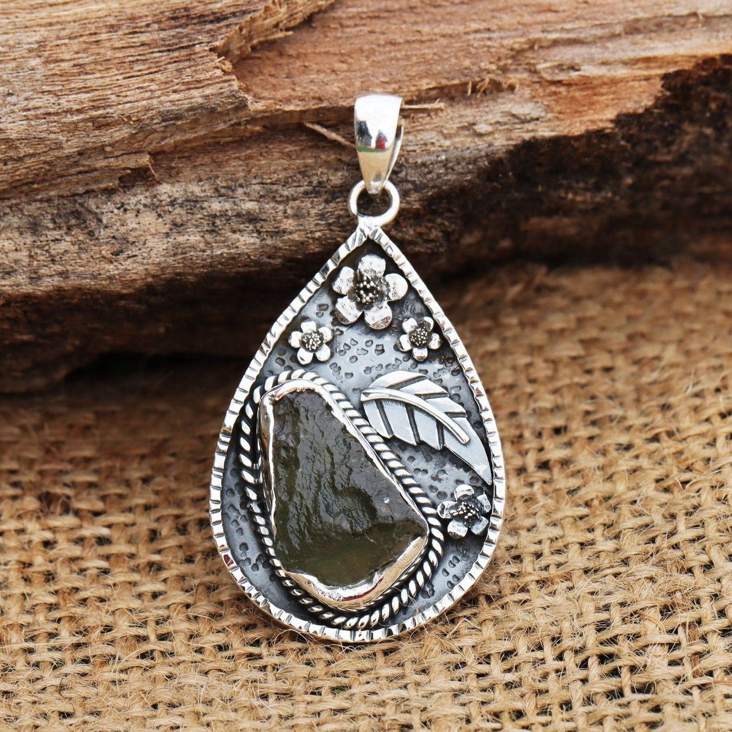 Authentic Czech Republic Moldavite Gemstone 925 Sterling Silver Leaf and Flower Design Pendant