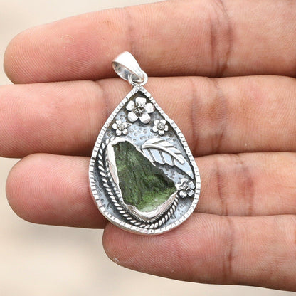 Authentic Czech Republic Moldavite Gemstone 925 Sterling Silver Leaf and Flower Design Pendant