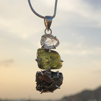 925 Sterling Silver Moldavite, Black Tourmaline and Herkimer Diamond Gemstone Pendant Jewelry For Her