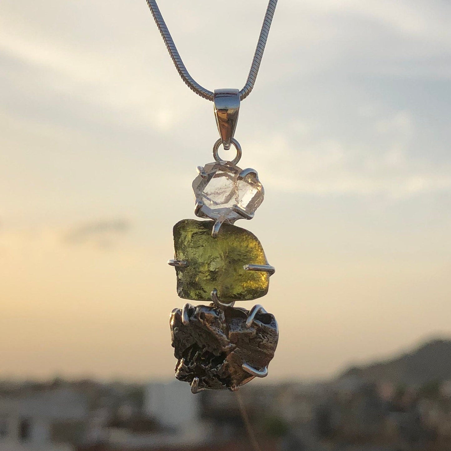 925 Sterling Silver Moldavite, Black Tourmaline and Herkimer Diamond Gemstone Pendant Jewelry For Her