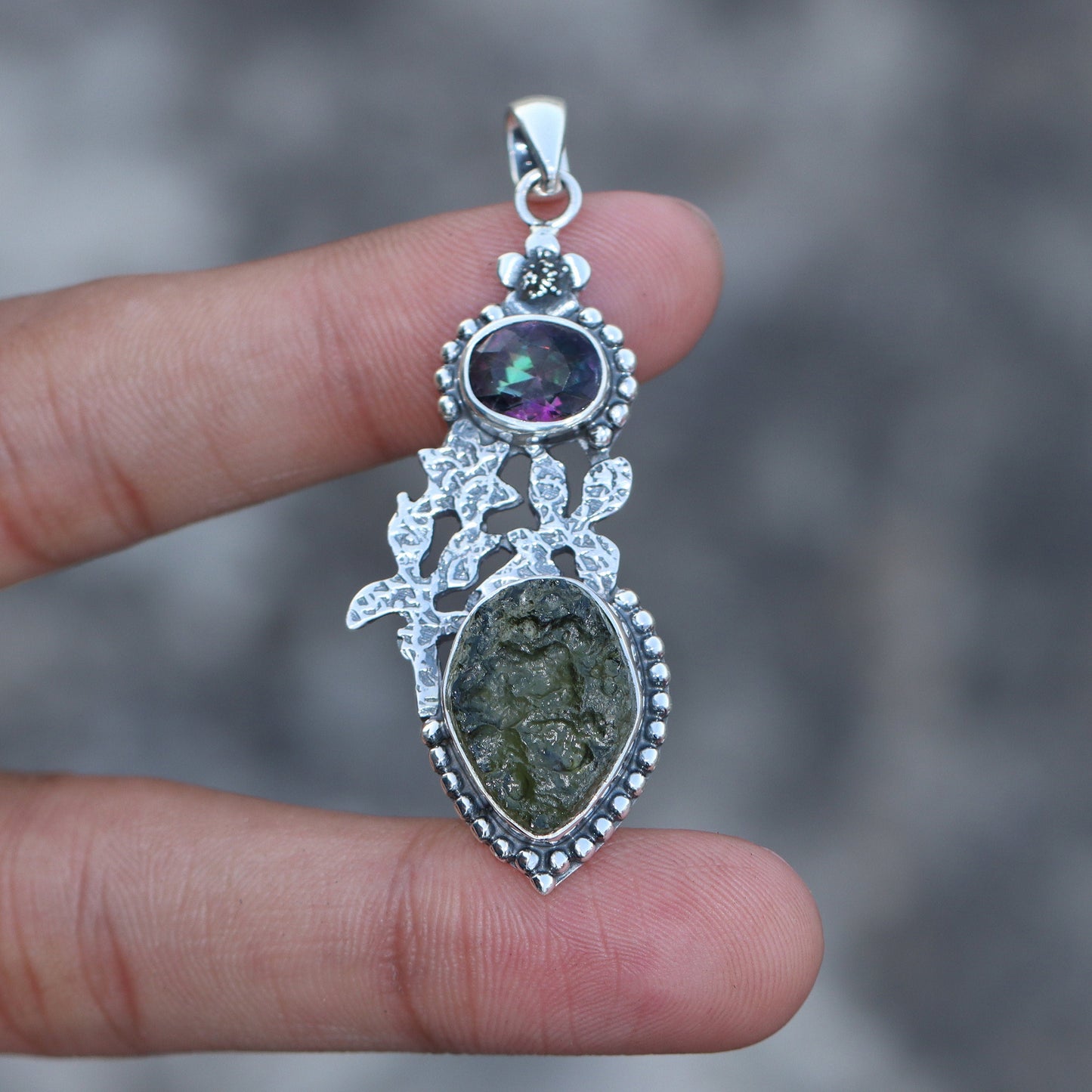 925 Sterling Silver Mystic Topaz and Genuine Moldavite Pendant Gift For Her