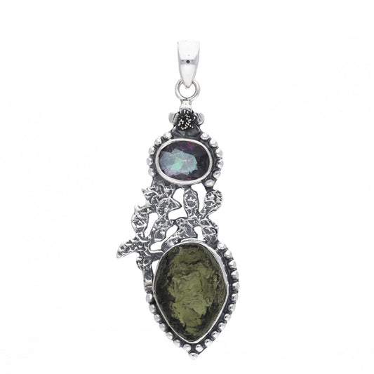 925 Sterling Silver Mystic Topaz and Genuine Moldavite Pendant Gift For Her