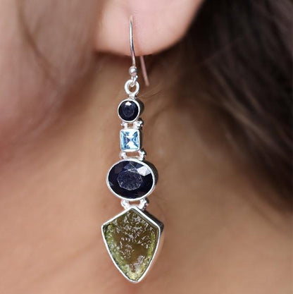 925 Sterling Silver Moldavite Gemstone Earrings Blue Sapphire and Blue Topaz Earrings Gift For Loved Ones