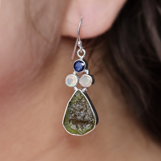 925 Sterling Silver Natural Green Moldavite Gemtone Earrings Opal and Blue Sapphire Drop Dangle Earrings