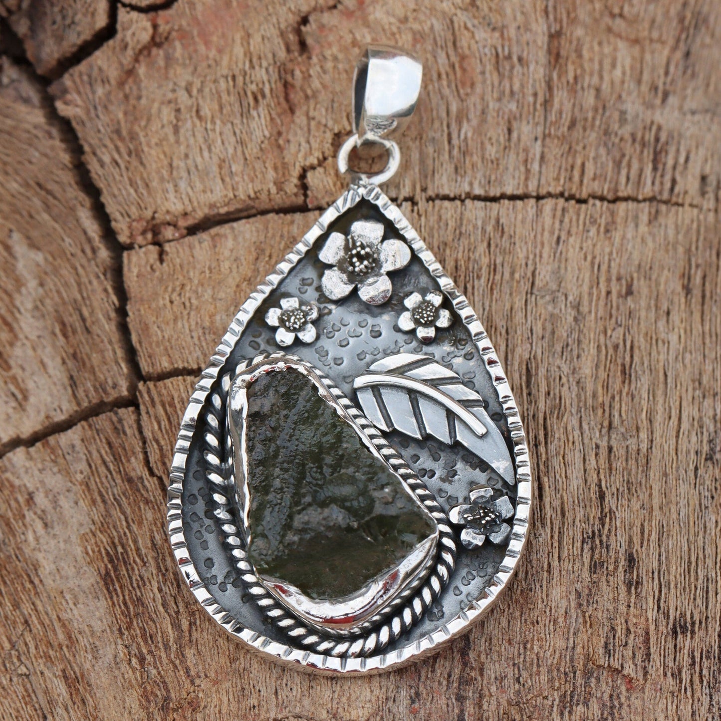 Authentic Czech Republic Moldavite Gemstone 925 Sterling Silver Leaf and Flower Design Pendant