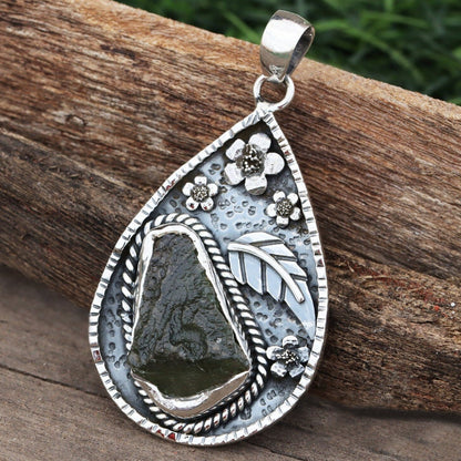 Authentic Czech Republic Moldavite Gemstone 925 Sterling Silver Leaf and Flower Design Pendant