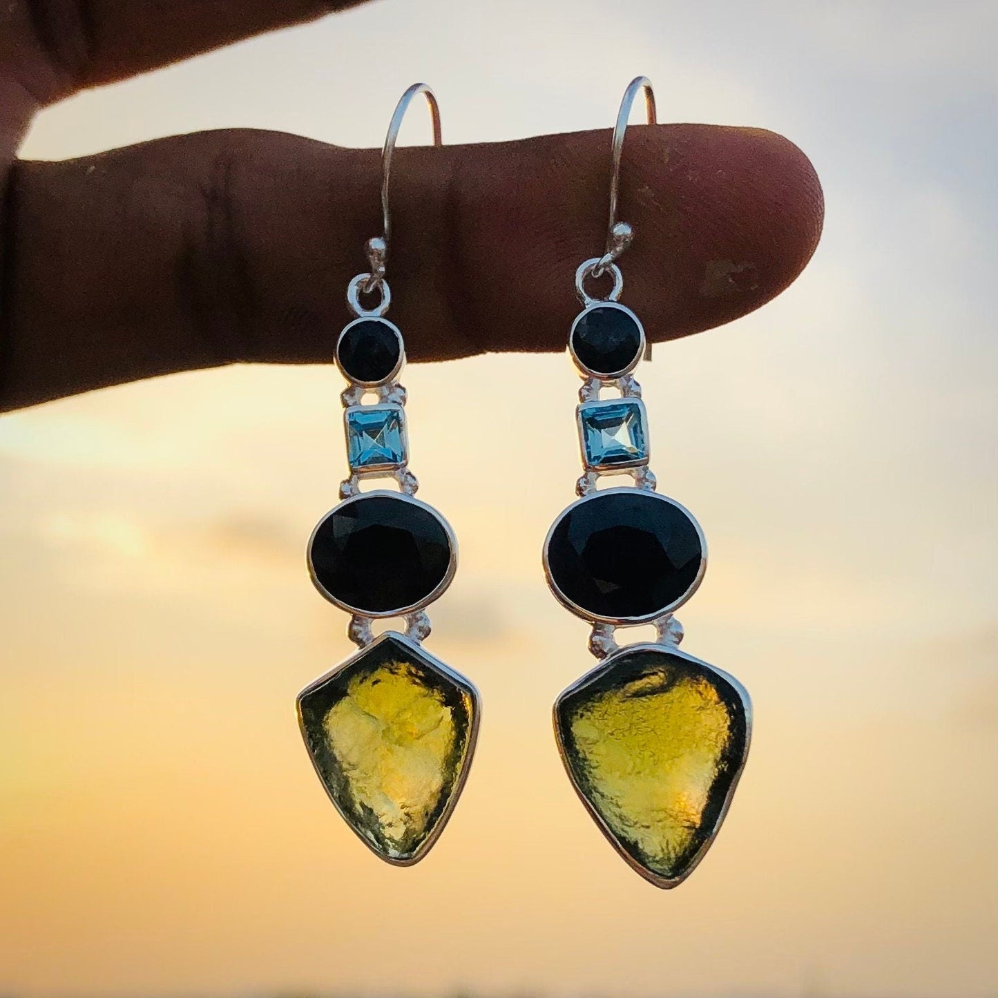 925 Sterling Silver Moldavite Gemstone Earrings Blue Sapphire and Blue Topaz Earrings Gift For Loved Ones