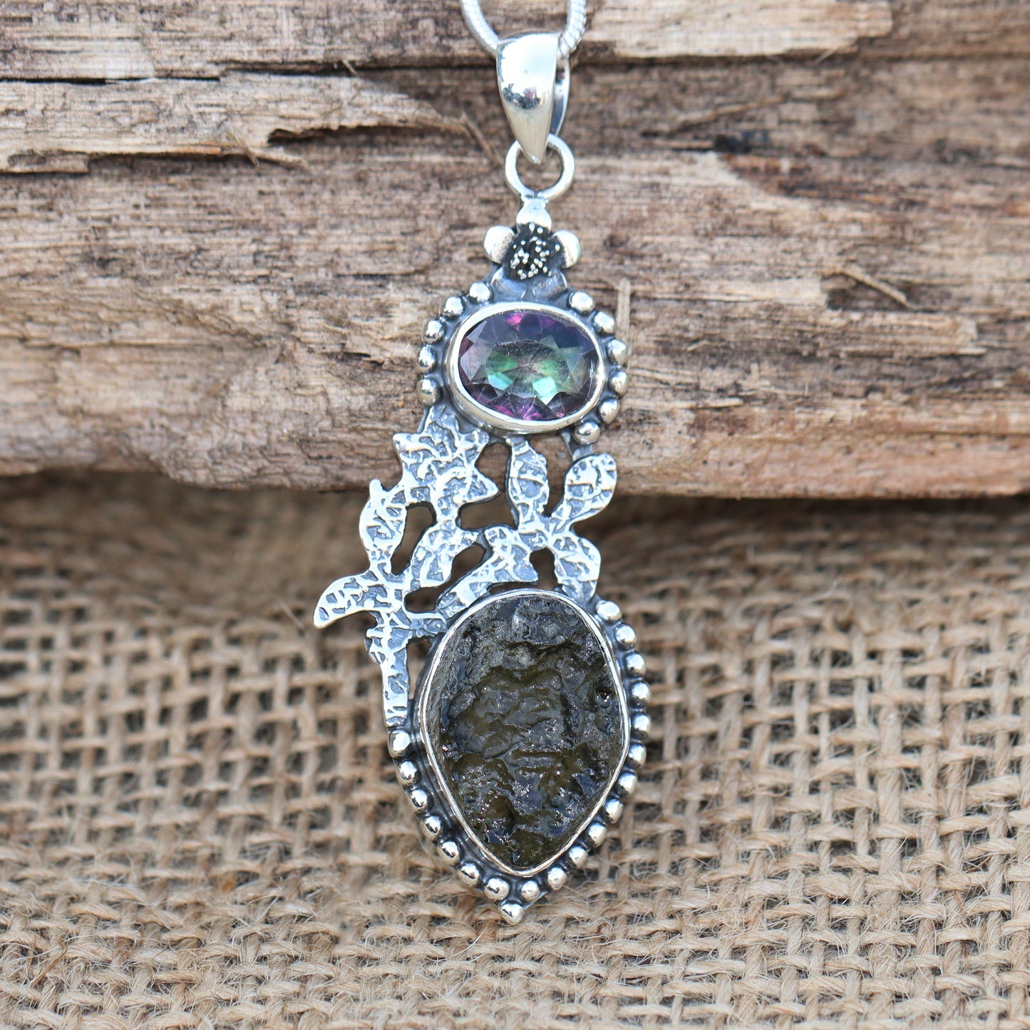 925 Sterling Silver Mystic Topaz and Genuine Moldavite Pendant Gift For Her