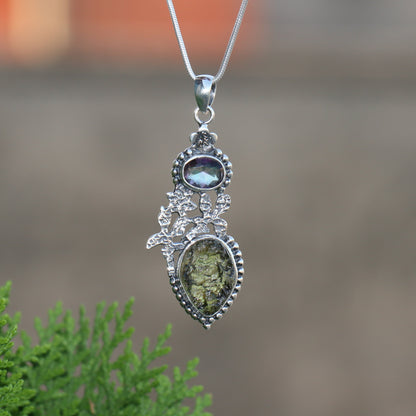 925 Sterling Silver Mystic Topaz and Genuine Moldavite Pendant Gift For Her