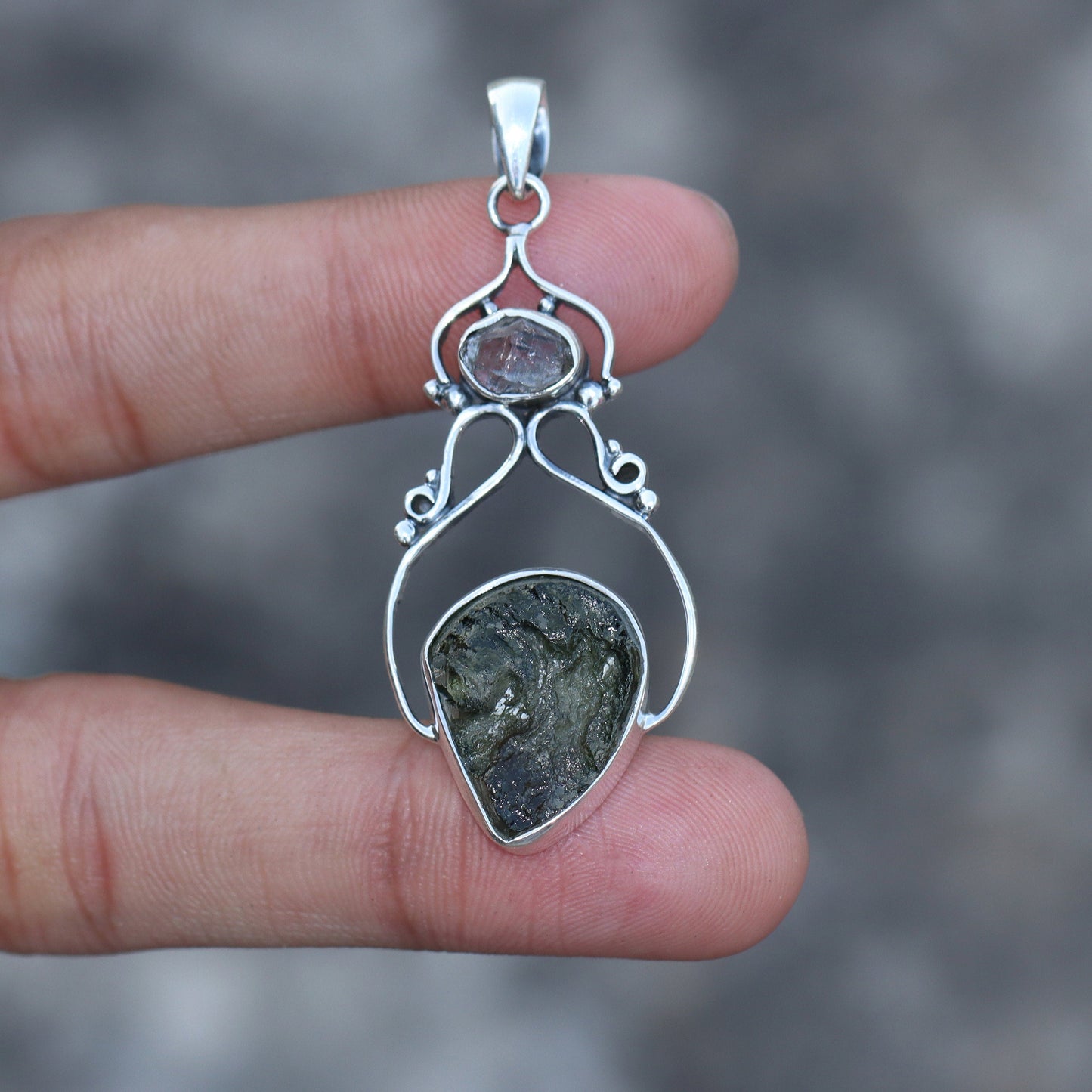 925 Sterling Silver Czech Republic Raw Moldavite and Herkimer Diamond Pendant