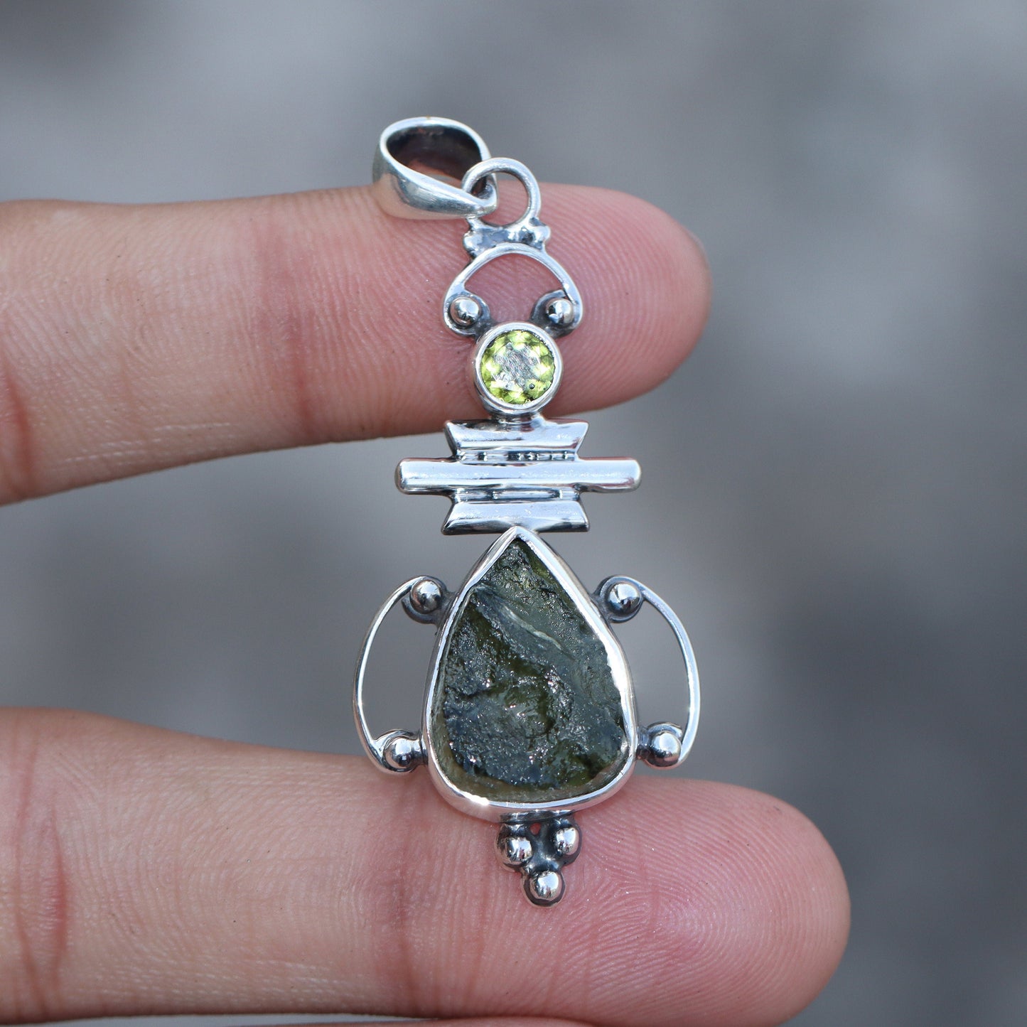 925 Sterling Silver Genuine Moldavite and Peridot Gemstone Women's Pendant Gift For Her