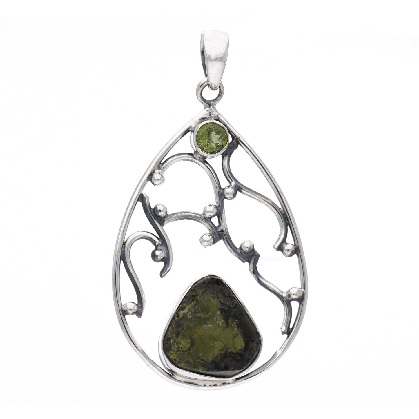 925 Sterling Silver Authentic Moldavite and Peridot Pendant