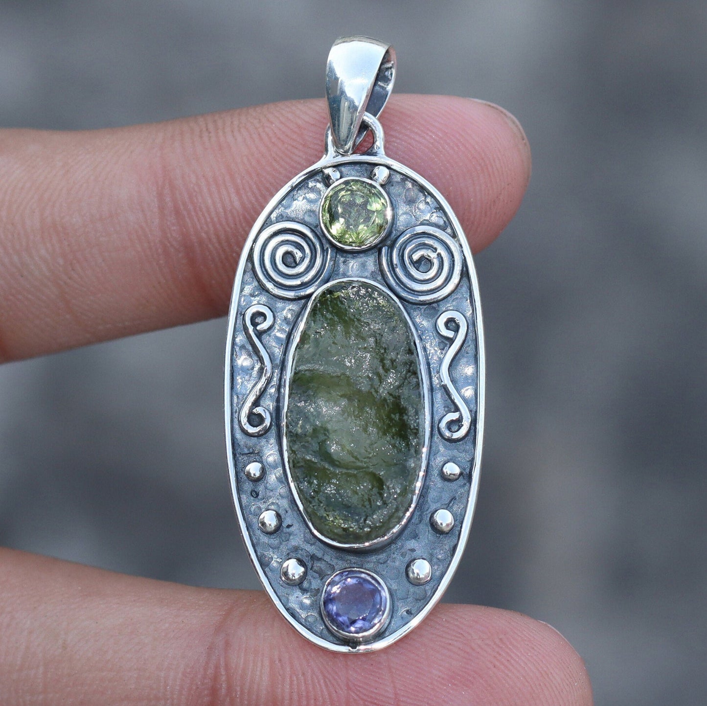 925 Sterling Silver Authentic Moldavite Pendant Amethyst and Peridot Gemstone Pendant Jewelry