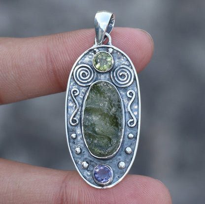 925 Sterling Silver Authentic Moldavite Pendant Amethyst and Peridot Gemstone Pendant Jewelry