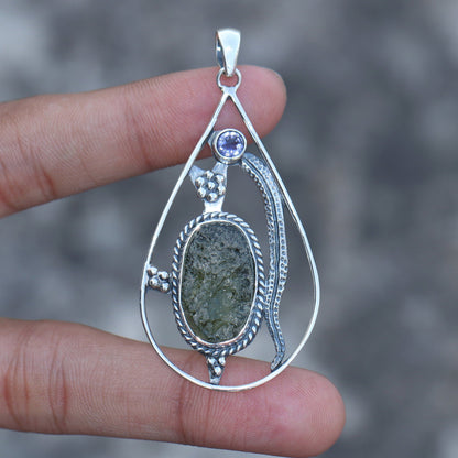 925 Sterling Silver Authentic Czech Moldavite and Amethyst Gemstone Pendant