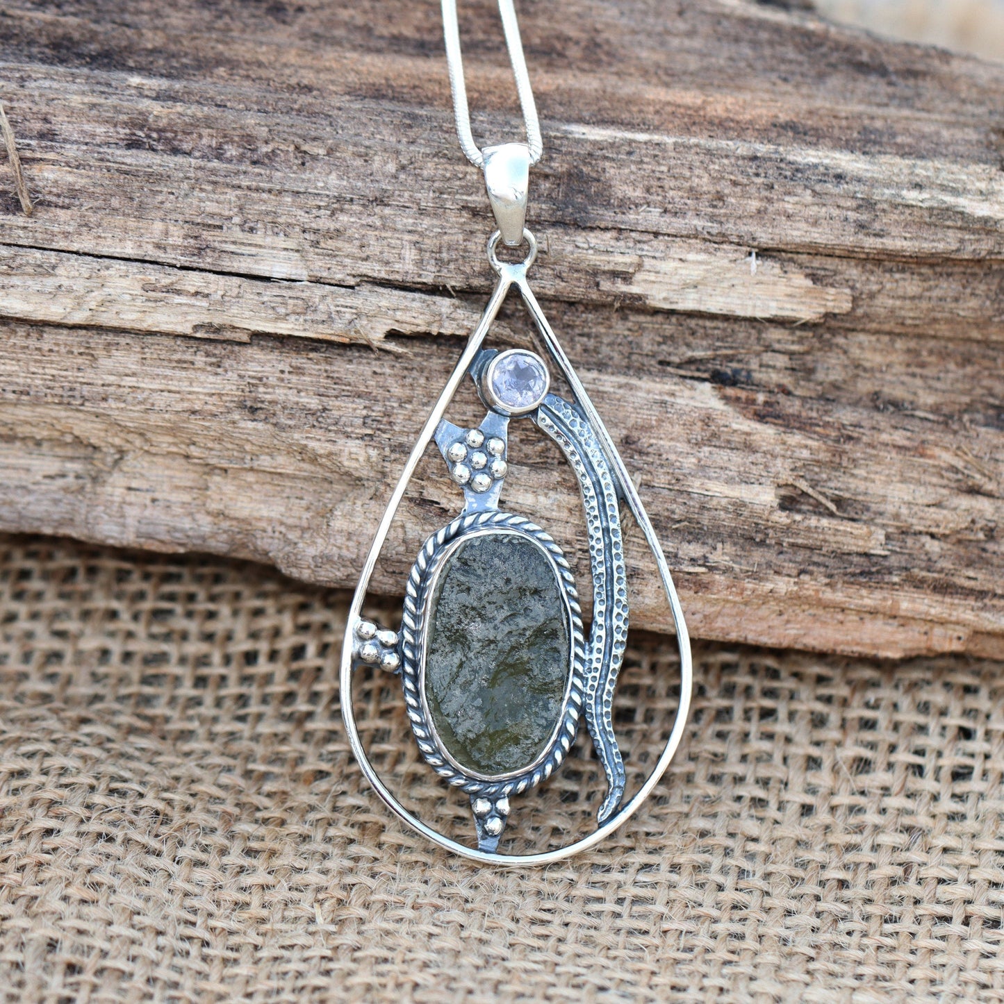 925 Sterling Silver Authentic Czech Moldavite and Amethyst Gemstone Pendant