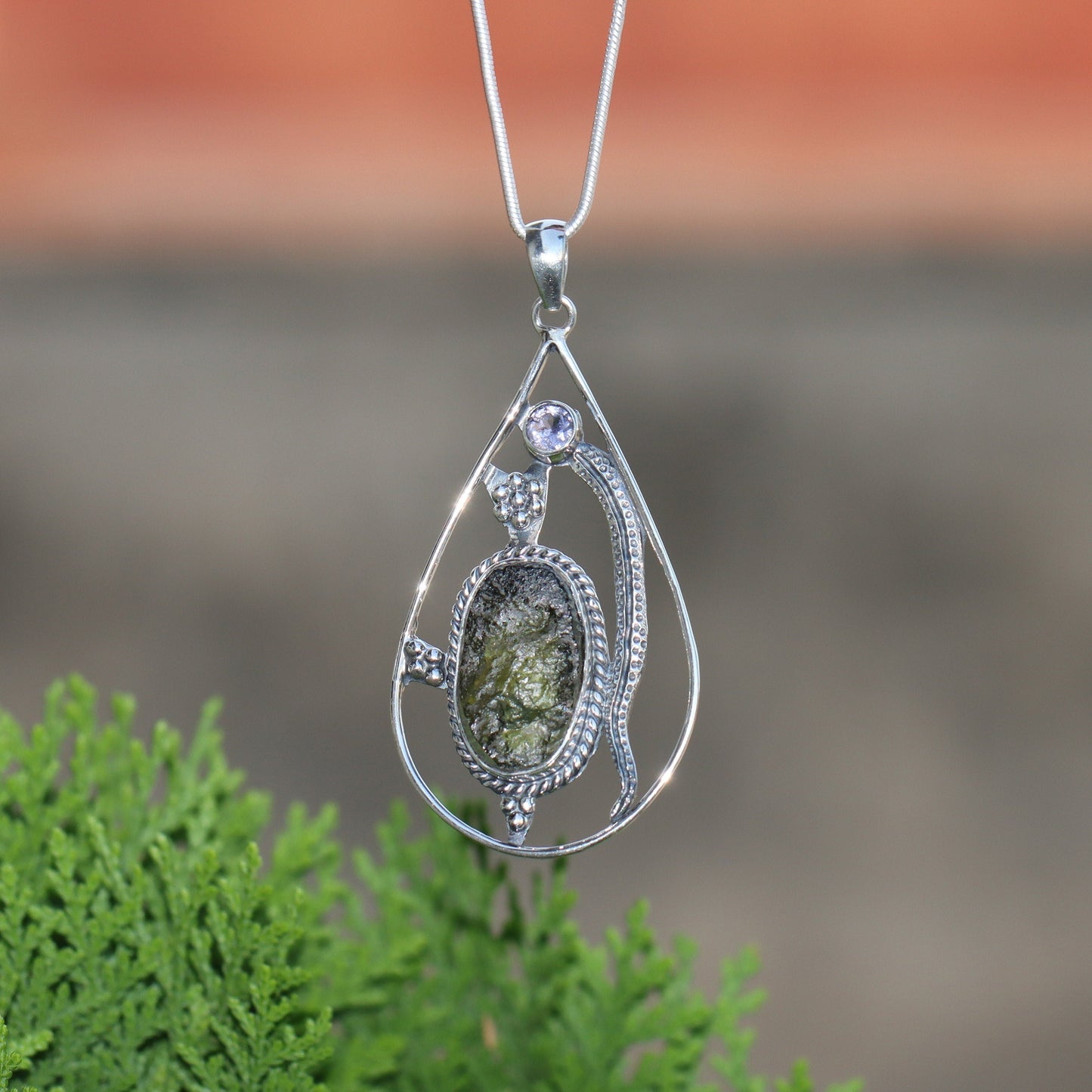 925 Sterling Silver Authentic Czech Moldavite and Amethyst Gemstone Pendant