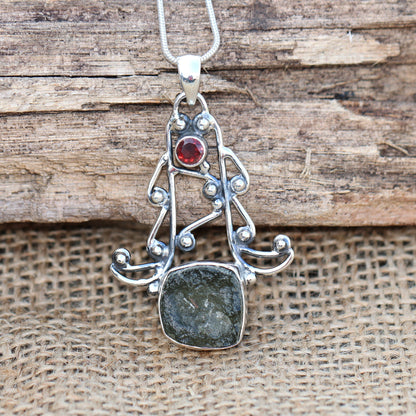 925 Sterling Silver Moldavite and Red Garnet Gemstone Pendant Jewelry