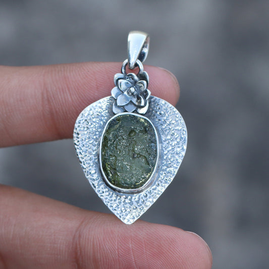 Authentic Czech Republic Raw Moldavite Gemstone 925 Sterling Silver Pendant Gift For Her