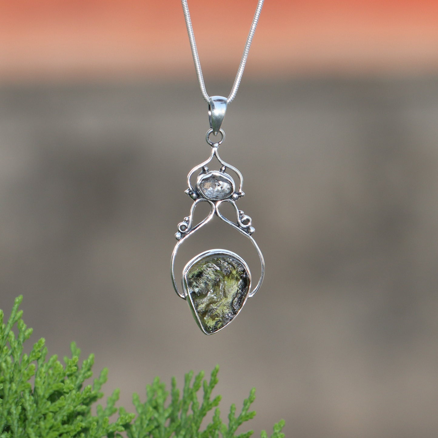 925 Sterling Silver Czech Republic Raw Moldavite and Herkimer Diamond Pendant