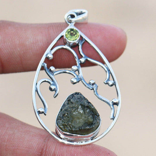 925 Sterling Silver Authentic Moldavite and Peridot Pendant