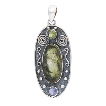 925 Sterling Silver Authentic Moldavite Pendant Amethyst and Peridot Gemstone Pendant Jewelry