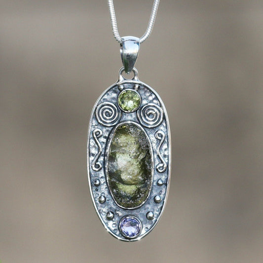 925 Sterling Silver Authentic Moldavite Pendant Amethyst and Peridot Gemstone Pendant Jewelry