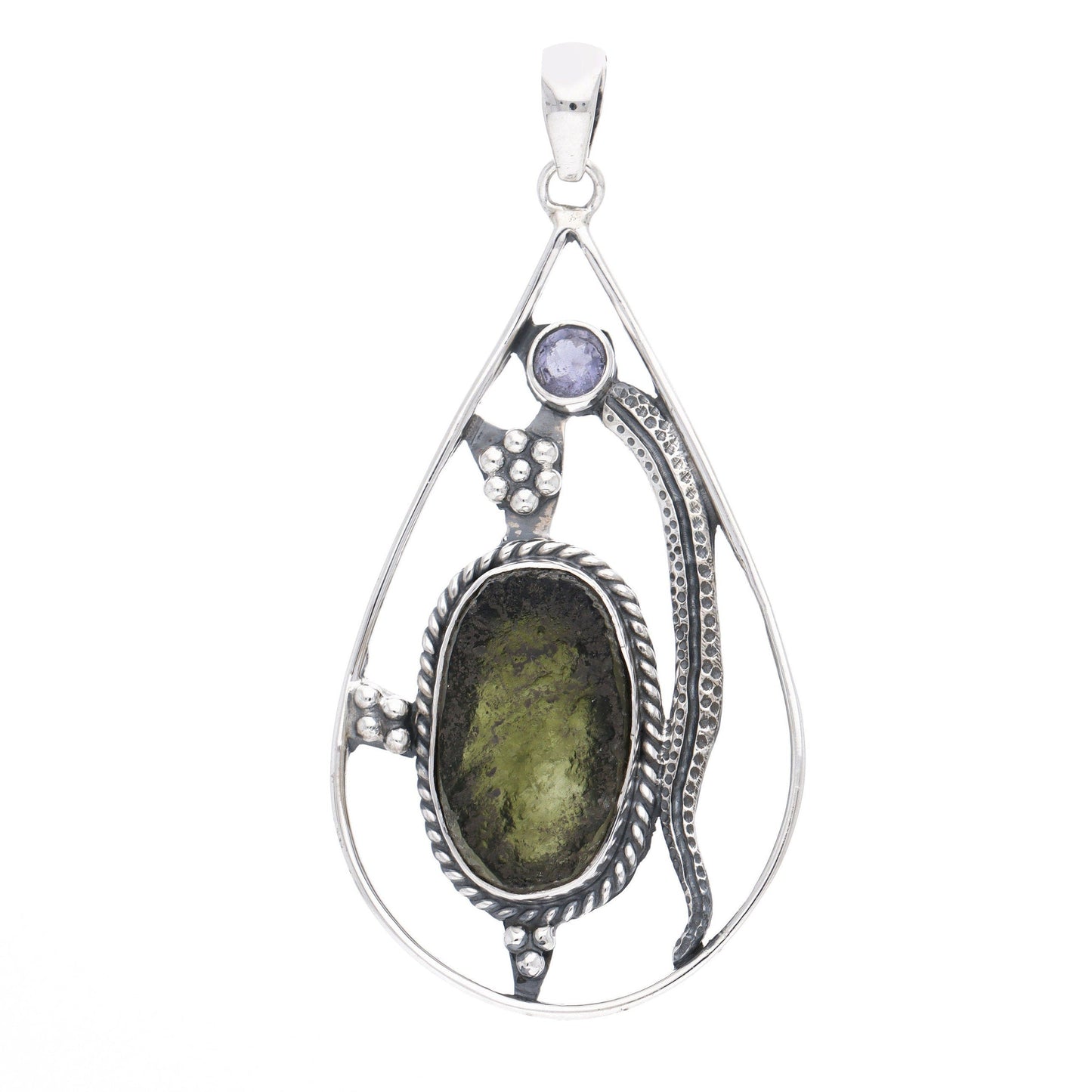 925 Sterling Silver Authentic Czech Moldavite and Amethyst Gemstone Pendant