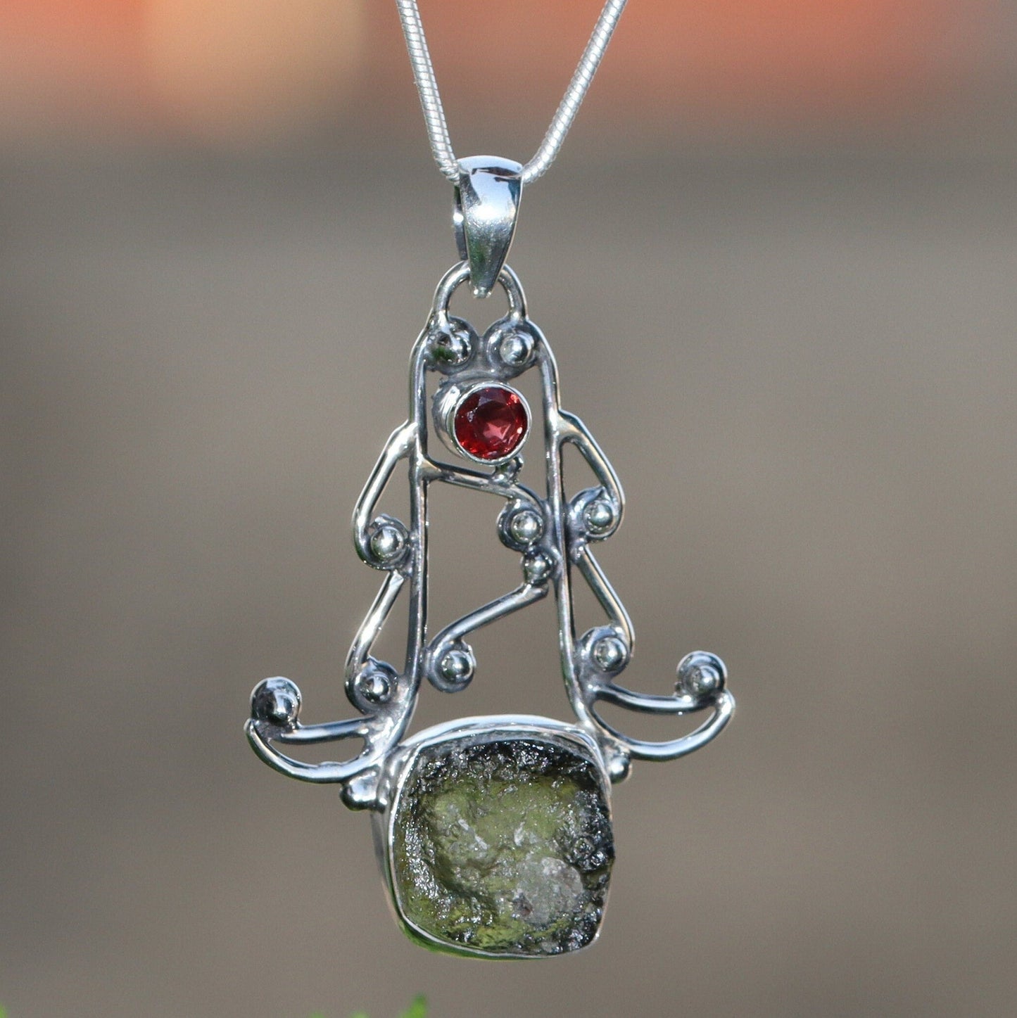 925 Sterling Silver Moldavite and Red Garnet Gemstone Pendant Jewelry