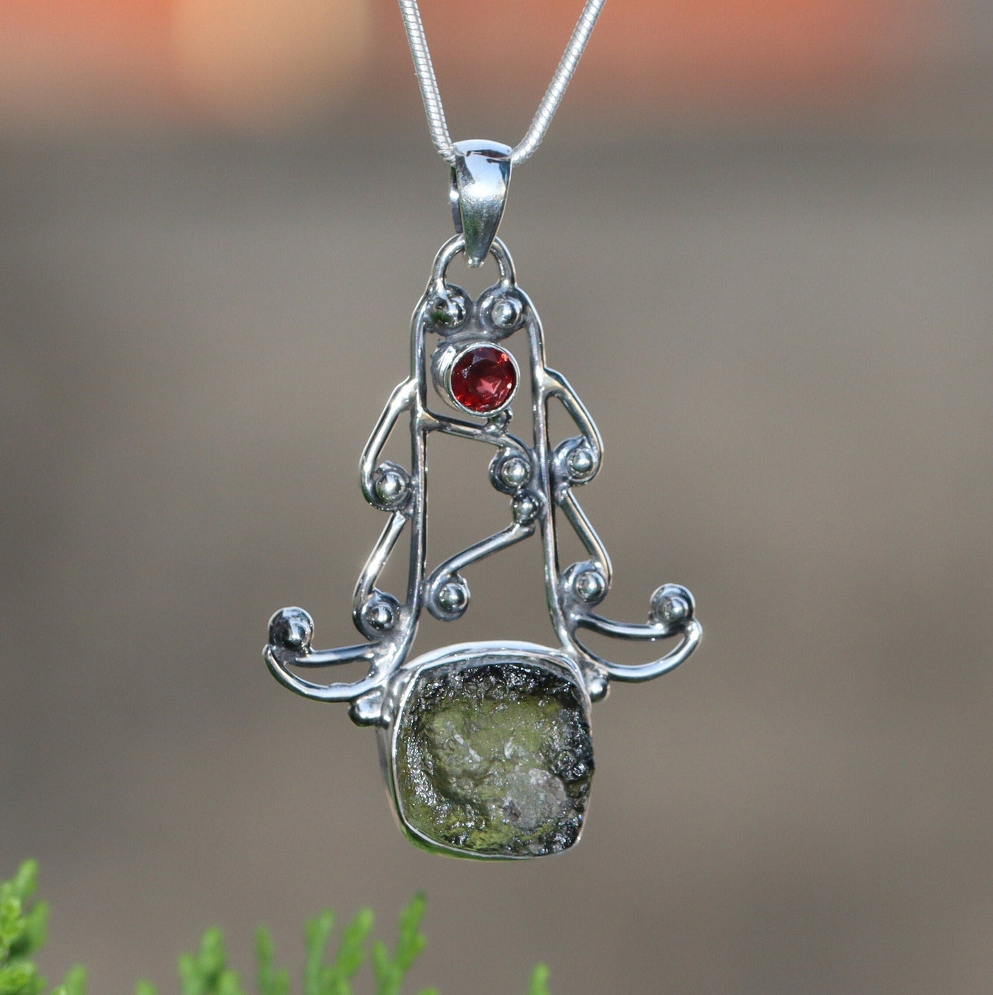 925 Sterling Silver Moldavite and Red Garnet Gemstone Pendant Jewelry