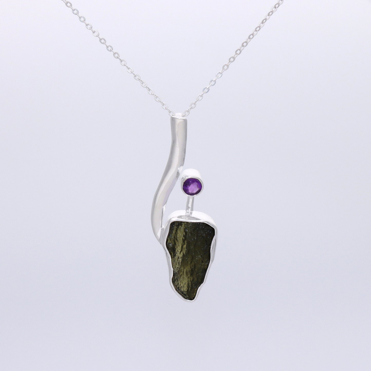 925 Sterling Silver Authentic Moldavite and Amethyst Gemstone Designer Pendant Jewelry Gift For Her