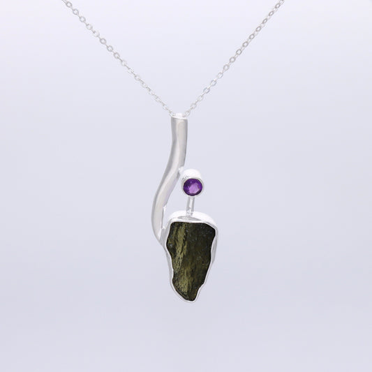 925 Sterling Silver Authentic Moldavite and Amethyst Gemstone Designer Pendant Jewelry Gift For Her