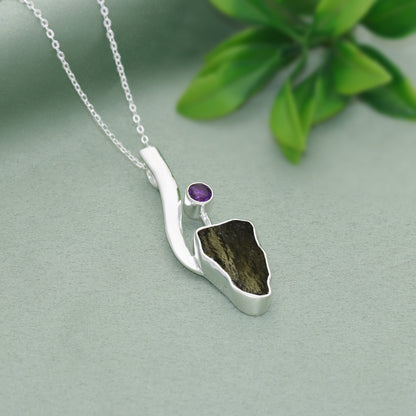 925 Sterling Silver Authentic Moldavite and Amethyst Gemstone Designer Pendant Jewelry Gift For Her