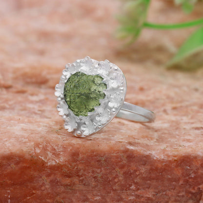 925 Sterling Silver Authentic Czech Moldavite Gemstone Ring Heart Shape Moldavite Flower Design Ring