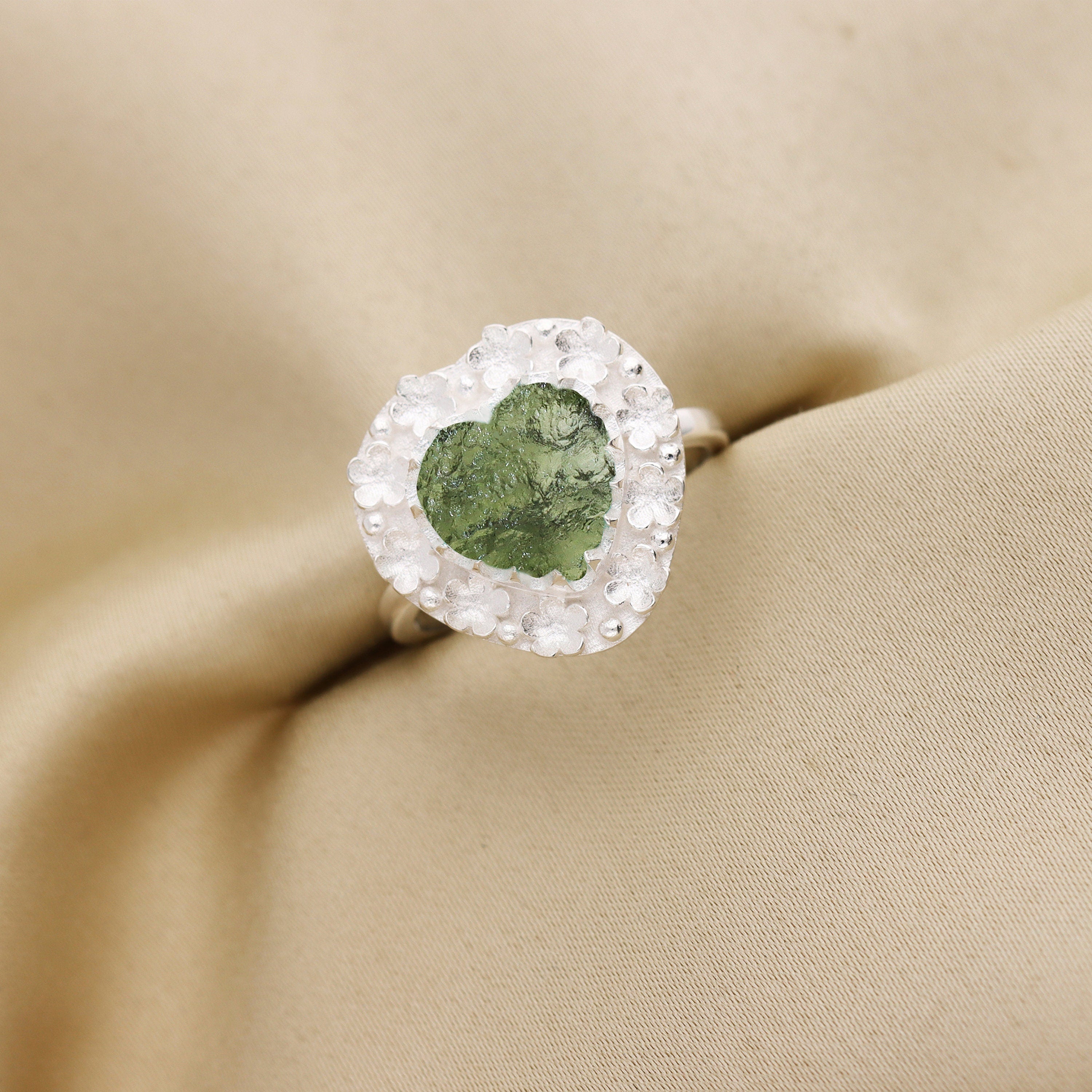 Czech top Moldavite Bypass Flower Ring