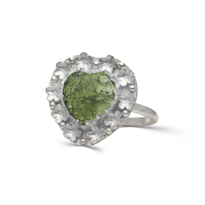 925 Sterling Silver Authentic Czech Moldavite Gemstone Ring Heart Shape Moldavite Flower Design Ring