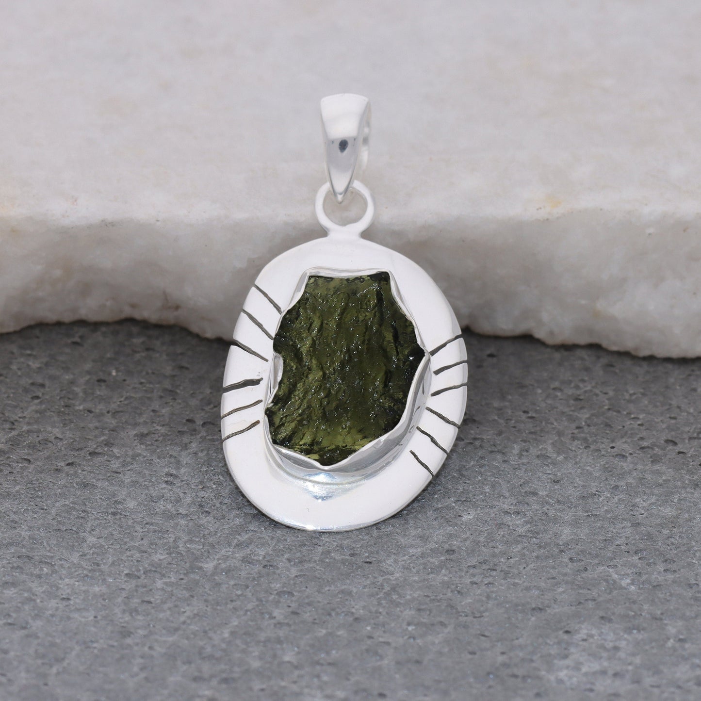 925 Sterling Silver Czech Republic Raw Moldavite Gemstone Pendant